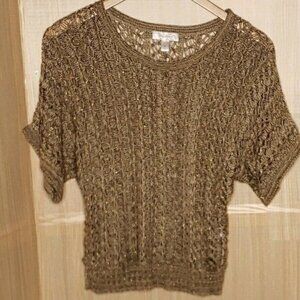Dressbarn Womens Open Knit Tan Gold Short Sleeve Sweater Medium